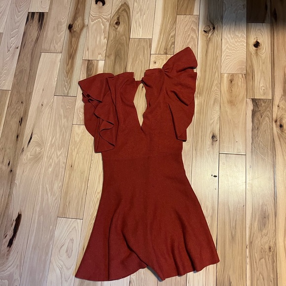 Free People Knit Mini Dress Ruffle Sleeve V-Neck Eyelets A-Line Cotton Blend - Picture 6 of 10